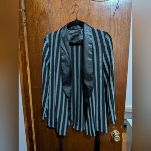 Zara Black And White Striped Blazer With Satin Lapel and Tie Belt Size Small